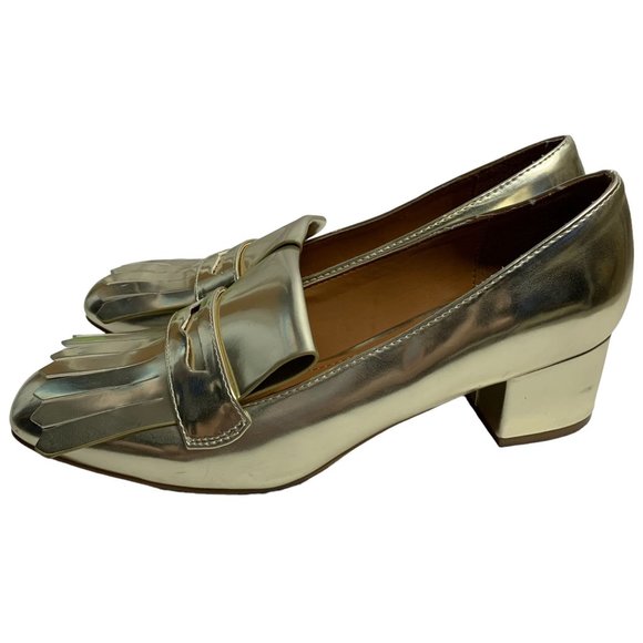 H&M Block Heel Fringe Loafers 38 US7 Gold Slip On Womens Shoes - Picture 5 of 10
